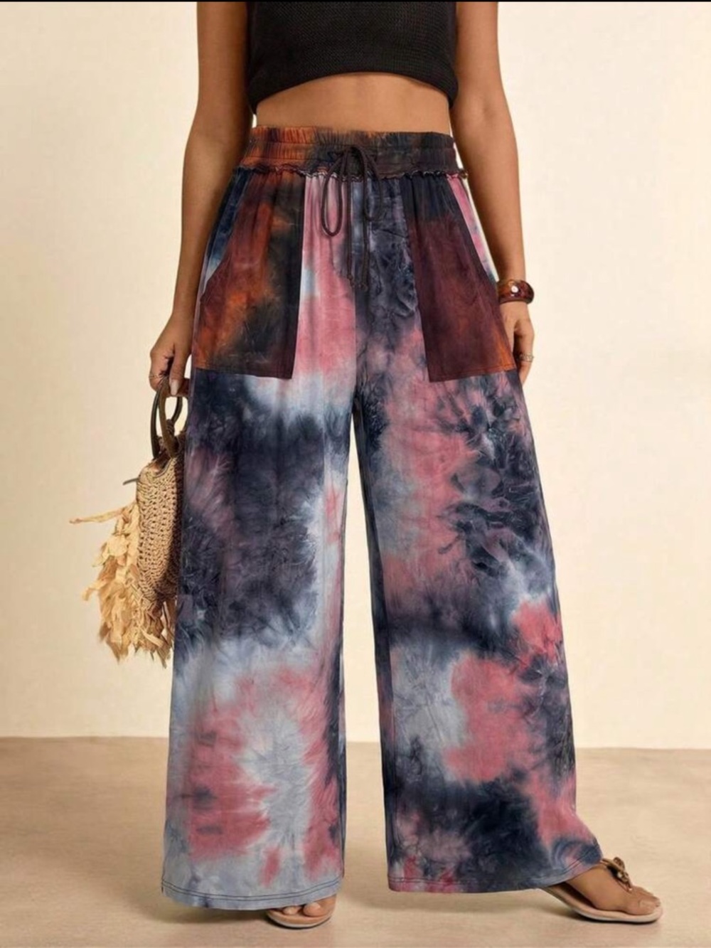 Boho Plus Size Tie-Dye Pocket Drawstring Wide Leg Pants - Multicolor